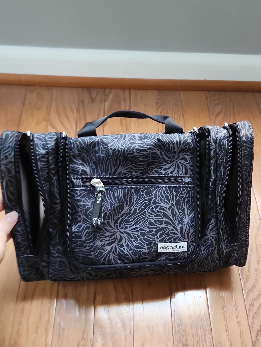 Baggallini Black and Gray Floral Travel Makeup Bag
